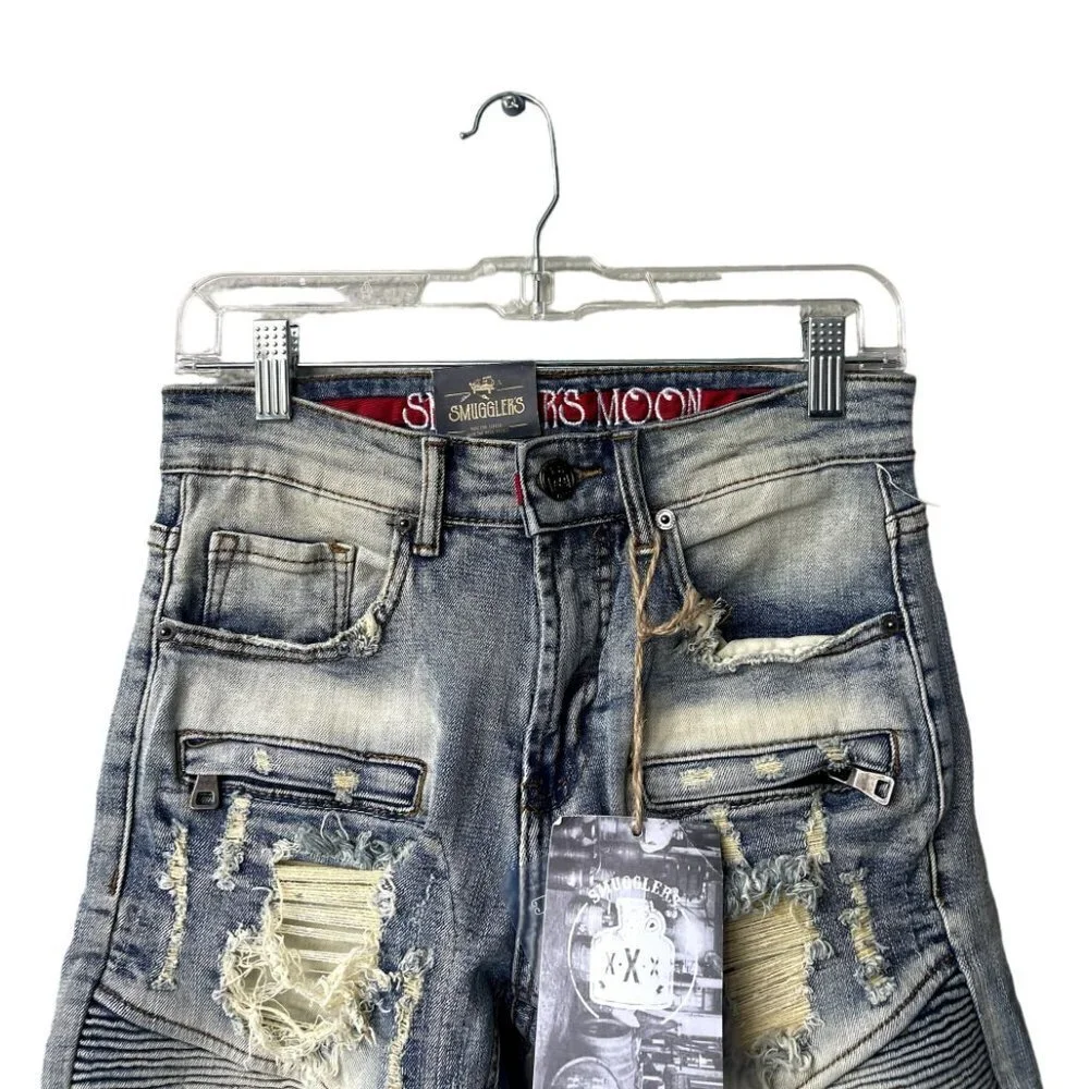 Smuggler's Moon Mens Sz 28 Biker Moto Distressed Ripped Light Wash‎ Jean Shorts